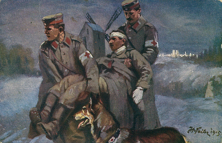 Historische Postkarte des Roten Kreuzes aus dem 1. Weltkrieg, Einsatz von Rettungshunden beim Auffinden von verwundeten Soldaten. Verwundeter wird von Heeressanitätern zum Verbandplatz gebracht, Illustration von H. Sailer