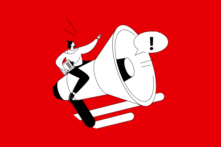 Comicbild: Weibliche Person sitzt auf Megaphone