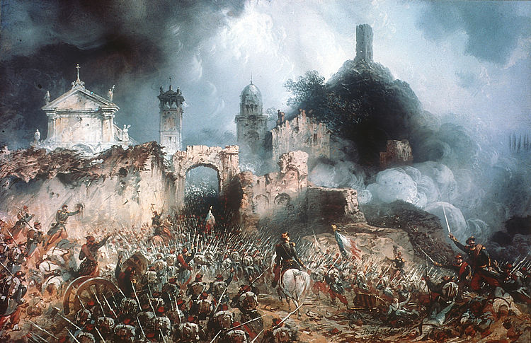 Schlacht von Solferino am 24. Juni 1859 zwischen den Truppen von Piemont-Sardinien und Frankreich auf der einen Seite und Österreich auf der anderen Seite. Zeitgenössische Darstellung. Fresco des Tessiner Malers Carlo Bossoli